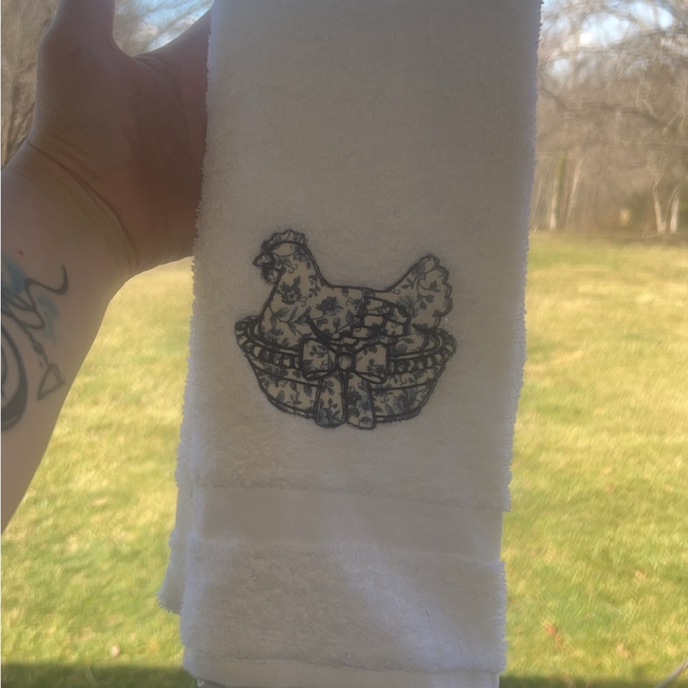 White Towel with Blue Chicken Embroidery